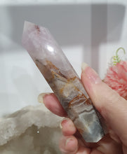 Load image into Gallery viewer, SECONDS STOCK - Amethyst Agate Crystal Point Tower Stone
THIS POINT IS A TAD WOBBLY
INSPIRES INTUITION AND WELLBEING
Amethyst Agate Tower Crystal Stone. is a little wobbly.