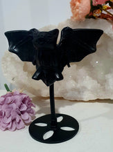 Load image into Gallery viewer, Beautiful polished Black Obsidian BAT Crystal Carving Stone on stand. Promotes protection and balance