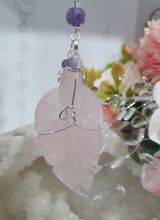 Load image into Gallery viewer, THE FEATHER OF AN ANGEL - Handcrafted Rose Quartz Feather Silver Wired Crystal Energy Enhancer© | Hanger | Ornament | Suncatcher
ANGELIC CONNECTION | LOVE | INTUITION
Gorgeous Rose Quartz feather crystal carving beaded with Amethyst and Rose Quartz. Wire wrapped in non tarnish silver