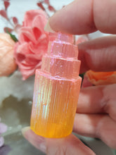 Load image into Gallery viewer, Lovely peach orange coloured (dyed) Selenite tower. Aids in cleansing and grounding.