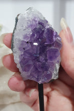 Load image into Gallery viewer, Gorgeous Amethyst Crystal Cluster Stone On stand. So sparkly and great display piece.