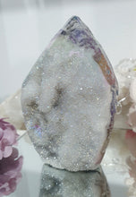 Load image into Gallery viewer, Titanium Aura Sphalerite Flame Tower Druzy Crystal Cluster
PROMOTES PSYCHIC DEVELOPMENT AND UPLIFTS
Titanium Aura Sphalerite Crystal Flame Crystal Cluster. The Druzy is lovely on the flame!.