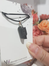 Load image into Gallery viewer, Black Tourmaline Raw Crystal Pendant Stone silver with black cord chain P50