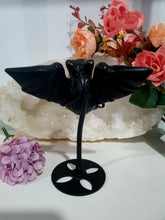 Load image into Gallery viewer, Beautiful polished Black Obsidian BAT Crystal Carving Stone on stand. Promotes protection and balance
