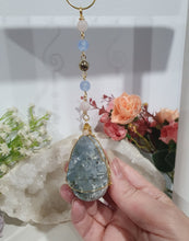 Load image into Gallery viewer, "ORACLE EGG" Celestite Crystal Stone Gold Wired Crystal Energy Enhancer© Hanger Ornament Suncatcher 200mm | Divine Connection, Harmony & Intuition