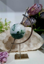 Load image into Gallery viewer, Moss Agate Sphere Crystal Carving on Planet Stand 55mm | Promotes Grounding & Connection to Earth
