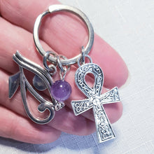 Load image into Gallery viewer, Keyring EGYPTIAN EYE OF RA & ANKH with Amethyst Crystal Bead key ring | Inspires Intuition