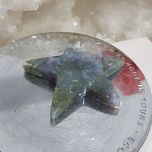Load image into Gallery viewer, Green Moss Agate Star Crystal Carving Stone 60mm 5 ROUGH TIP EDGE