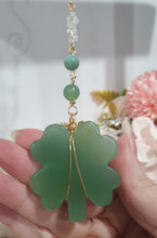 Load image into Gallery viewer, "LUCKY FOUR-LEAF CLOVER BLESSINGS" Handcrafted Aventurine Crystal Carving Gold Stone Crystal Energy Enhancer© / Hanger / Ornament / Suncatcher
Beautiful Aventurine four-leaf clover crystal carving beaded with Amazonite, Aventurine and Quartz. Wire wrapped in Gold.