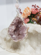 Load image into Gallery viewer, GRACE & CONNECTION - DIVINE | LOVE | SPIRITUALITY - Pink Amethyst Geode Silver Wired Crystal Energy Enhancer© / Hanger / Ornament / Sun Catcher 200mm