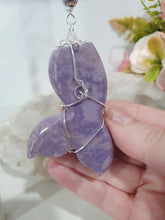 Load image into Gallery viewer, "MERMAID TALES" Lavender Jade Mermaid Tail silver Crystal Energy Enhancer© Hanger Ornament Suncatcher.
Inspires Enchantment, Freedom and Balance.
Gorgeous Lavender Jade Mermaid Tail Crystal Carving beaded with Amethyst, Rose Quartz, Rhodochrosite, Amazonite, Rainbow Hematite and Quartz. Wire wrapped in silver