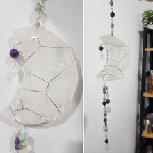 Load image into Gallery viewer, MANIFESTATION / INTUITION / SPIRITUALITY - Moon Crescent Quartz Crystal Carving Stone silver wired Crystal Energy Enhancer© / Wall Hanger / Sun Catcher / Ornament 1 360mm