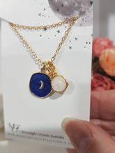 Load image into Gallery viewer, Midnight-Moon-Enamel-Pendant-with-Crystal-Moonstone-Bead-Gold-Necklace- Moonlight-Crystals-Australia