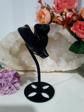 Load image into Gallery viewer, Beautiful polished Black Obsidian BAT Crystal Carving Stone on stand. Promotes protection and balance