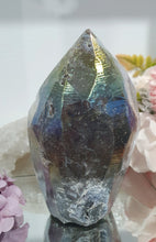 Load image into Gallery viewer, Titanium Aura Sphalerite Flame Tower Druzy Crystal Cluster
PROMOTES PSYCHIC DEVELOPMENT AND UPLIFTS
Absolutely Stunning Titanium Aura Sphalerite Crystal Flame Crystal Cluster. The Druzy and formation on this is spectacular!.