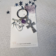 Load image into Gallery viewer, Keyring EGYPTIAN EYE OF RA & ANKH with Amethyst Crystal Bead key ring | Inspires Intuition