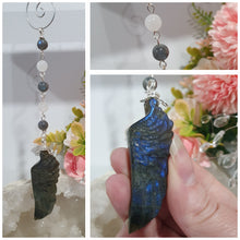 Load image into Gallery viewer, THE FEATHER OF AN ANGEL - Labradorite Feather Stone Silver Wired Crystal Energy Enhancer© / Hanger / Ornament / Sun Catcher
ANGELIC CONNECTION | STRENGTH | INTUITION
Gorgeous Labradorite feather stone crystal carving beaded with Labradorite and Moonstone. Wired in Silver