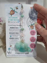 Load image into Gallery viewer, The Guardian of Good Fortune Amazonite Turtle Crystal Energy Enhancer Suncatcher Hanger Ornament. Beaded with amazonite and rose quartz and wired in gold.