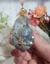 Load image into Gallery viewer, "ORACLE EGG" Celestite Crystal Stone Gold Wired Crystal Energy Enhancer© Hanger Ornament Suncatcher 200mm | Divine Connection, Harmony & Intuition