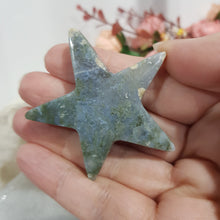 Load image into Gallery viewer, Green Moss Agate Star Crystal Carving Stone 60mm 6 ROUGH TIP EDGE