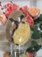 Load image into Gallery viewer, Beautiful polished Septarian Egg Crystal Carving Stone on plastic stand. A must for any crystal collector