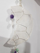 Load image into Gallery viewer, MANIFESTATION / INTUITION / SPIRITUALITY - Moon Crescent Quartz Crystal Carving Stone silver wired Crystal Energy Enhancer© / Wall Hanger / Sun Catcher / Ornament 1 360mm