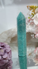 Load image into Gallery viewer, Amazonite Crystal Point Tower Stone. Shes a tad wobbly.
INSPIRES HOPE
Lovely Amazonite crystal point tower. Discounted as a little bit wobbly but still a lovely tower