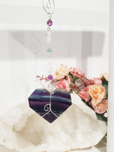 Load image into Gallery viewer, THE HEART OF CLARITY - INSIGHT / LOVE / CLARITY - Fluorite Heart Silver Wired Stone Crystal Energy Enhancer© / Hanger / Ornament / Sun catcher 200mm EE63