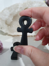 Load image into Gallery viewer, Beautiful polished Black Obsidian Ankh Crystal Carving Stone. known as the Key of life. Inspires Protection and Balance. 50mm