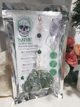 Load image into Gallery viewer, MARVIN THE MOSSY SKULL - TRANSFORMATION | BALANCE | TRANQUILITY - Moss Agate Skull Silver Wired Crystal Energy Enhancer© / Hanger / Ornament / Sun Catcher 190mm