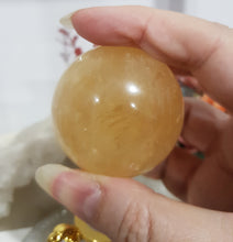 Load image into Gallery viewer, Honey Calcite Crystal Sphere on gold stand Stone Carving 45mm 4
