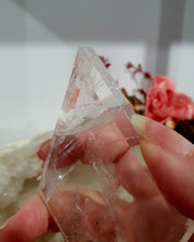 Load image into Gallery viewer, Lovely polished Quartz Diamond Crystal Carving on Rose Gold stand. Quartz Stone. This has been discounted due to a crack in diamond.