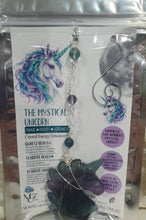 Load image into Gallery viewer, THE MYSTICAL UNICORN" Handcrafted Fluorite Unicorn Crystal Carving Silver Crystal Energy Enhancer© Gemstone / Hanger / Suncatcher / Ornament
PURITY | STRENGTH | MAGIC
Beautiful Fluorite Unicorn Carving Crystal Energy Enhancer© / Sun Catcher / Ornament / Hanger beaded with Fluorite and Quartz. wired in Silver