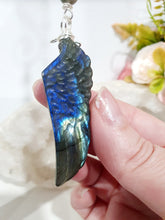 Load image into Gallery viewer, Labradorite Feather Stone Silver Wired Crystal Energy Enhancer© / Hanger / Ornament / Sun Catcher
Inspires ANGELIC CONNECTION | STRENGTH | INTUITION
Gorgeous Labradorite feather stone crystal carving beaded with Labradorite and Moonstone. Wired in Silver