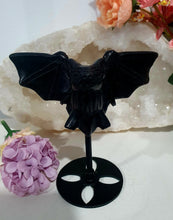 Load image into Gallery viewer, Beautiful polished Black Obsidian BAT Crystal Carving Stone on stand. Promotes protection and balance