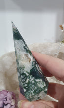Load image into Gallery viewer, Moss Agate Crystal Tower Point Pinnacle Stone
INSPIRES GROUNDING AND CONNECTION TO EARTH
Lovely Moss Agate Crystal Pinnacle Point Tower Stone.