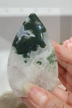 Load image into Gallery viewer, Moss Agate Flame Tower Crystal Carving Stone. Discounted because she is a tad wobbly BUT she has the most glorious Stalactite!
INSPIRES GROUNDING AND CONNECTION TO EARTH
Lovely Moss Agate Flame Crystal Carving Stone. Wobby with a gorgeous stata