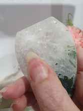 Load image into Gallery viewer, Moss Agate Flame Tower Crystal Carving Stone. Discounted because she is a tad wobbly BUT she has the most glorious Stalactite!
INSPIRES GROUNDING AND CONNECTION TO EARTH
Lovely Moss Agate Flame Crystal Carving Stone. Wobby with a gorgeous stata
