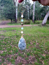 Load image into Gallery viewer, "ORACLE EGG" Celestite Crystal Stone Gold Wired Crystal Energy Enhancer© Hanger Ornament Suncatcher 200mm | Divine Connection, Harmony & Intuition