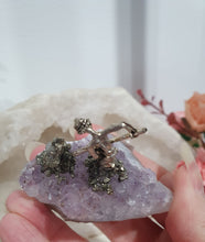 Load image into Gallery viewer, Gorgeous Miner on Amethyst Crystal Cluster Stone with pyrite. Inspires Intuition and spirituality
