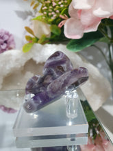 Load image into Gallery viewer, Butterfly Amethyst Crystal Carving Stone on Stand. Inspires Intuition and Spirituality.
Beautiful polished Amethyst Chevron Butterfly Crystal Carving on plastic stand