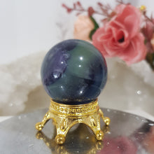 Load image into Gallery viewer, Fluorite Sphere Crystal Carving Stone on gold stand 30mm 6 CHIPPED
