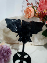 Load image into Gallery viewer, Beautiful polished Black Obsidian BAT Crystal Carving Stone on stand. Promotes protection and balance