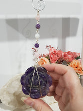 Load image into Gallery viewer, INTUITIVE ROSE - INTUITION | LOVE | MAGIC - Amethyst Rose Carving silver Crystal Energy Enhancer© / Hanger / Ornament / Sun Catcher 200mm
