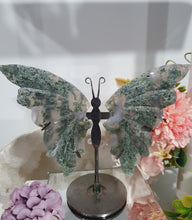 Load image into Gallery viewer, Moss Agate Butterfly Wings Crystal Carving Stone on Stand.
INSPRIES GROUNDING AND CONNECTION TO EARTH
Beautiful Moss Agate Stone Butterfly Wings Crystal Carving Stone on stand. Such lovely patterns.