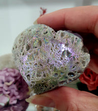 Load image into Gallery viewer, Gorgeous Titanium Aura Sphalerite Heart Crystal Carving Stone on plastic Stand. Aids in psychic energy, Uplifts and balances
