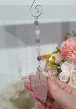 Load image into Gallery viewer, THE FEATHER OF AN ANGEL - Handcrafted Rose Quartz Feather Silver Wired Crystal Energy Enhancer© | Hanger | Ornament | Suncatcher
ANGELIC CONNECTION | LOVE | INTUITION
Gorgeous Rose Quartz feather crystal carving beaded with Amethyst and Rose Quartz. Wire wrapped in non tarnish silver