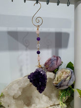 Load image into Gallery viewer, THE SEER AMULET - handcrafted Amethyst Cluster gold Crystal Energy Enhancer© Hanger Ornament Suncatcher Perfect gift for any crystal lover. Suncatchers Australia