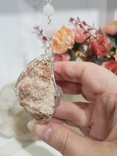 Load image into Gallery viewer, GRACE & CONNECTION - DIVINE | LOVE | SPIRITUALITY - Pink Amethyst Geode Silver Wired Crystal Energy Enhancer© / Hanger / Ornament / Sun Catcher 200mm