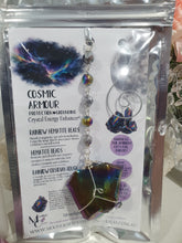 Load image into Gallery viewer, COSMIC ARMOUR - Handcrafted Rainbow Obsidian Stone Crystal Energy Enhancer© / Hanger / Ornament / Suncatcher
INSPIRES PROTECTION AND GROUNDING
Gorgeous Rainbow Obsidian raw crystal stone beaded with Rainbow Hematite and Hematite. Wire wrapped in silver